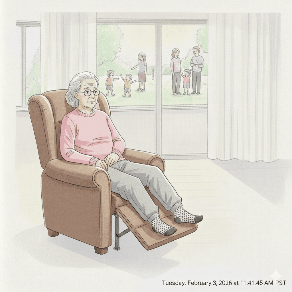 Woman sits in a recliner while her family is having fun outside. 