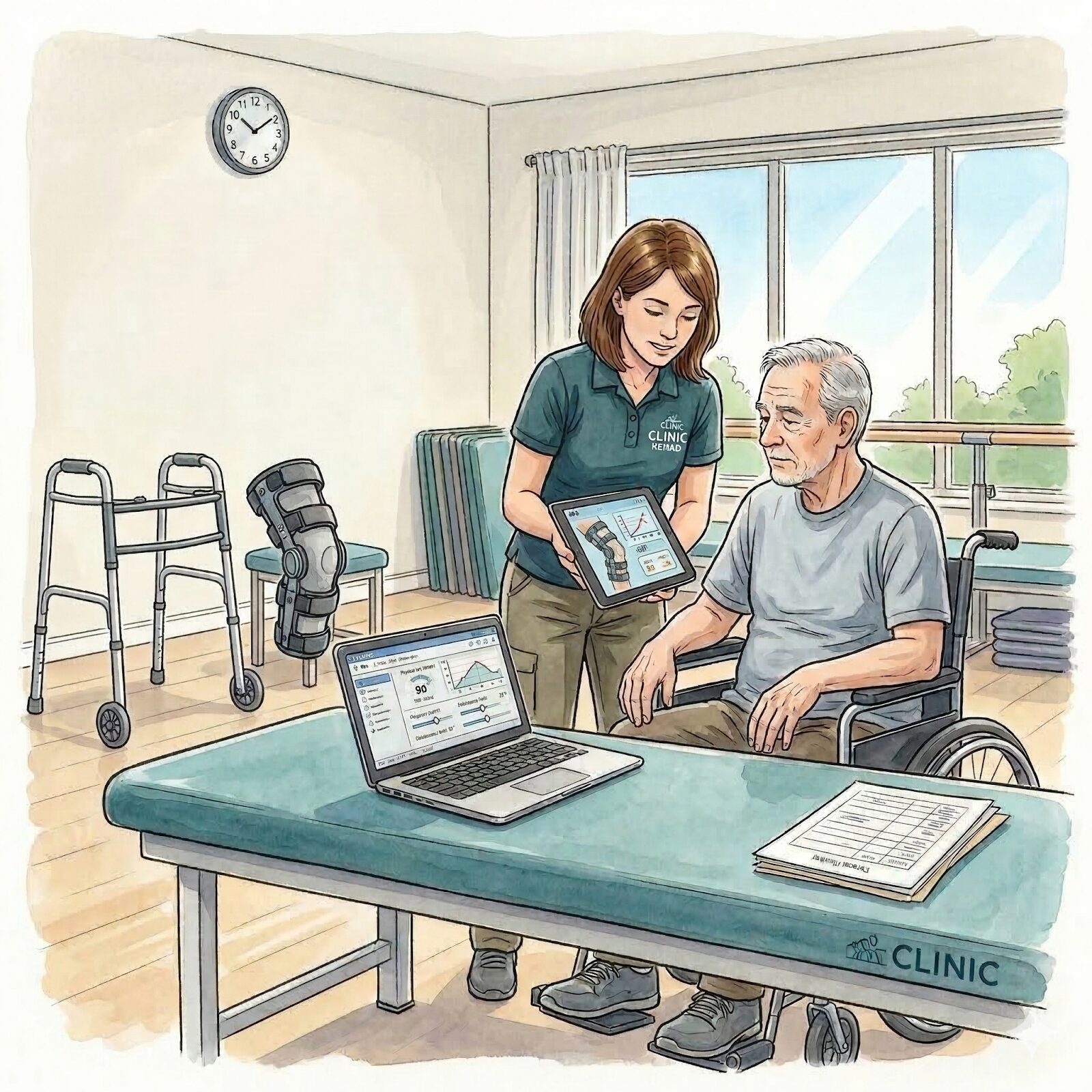 Physical therapist showing a patient a tablet with information on a knee brace.